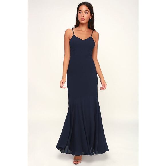 Lulus Spaghetti Strap Chiffon A-Line Maxi Formal Dress Navy Size Small 0625A - Picture 1 of 16